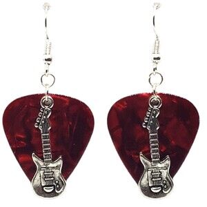 Electric Guitar Charm on Guitar Pick Earrings - Choose Color - Handmade in USA